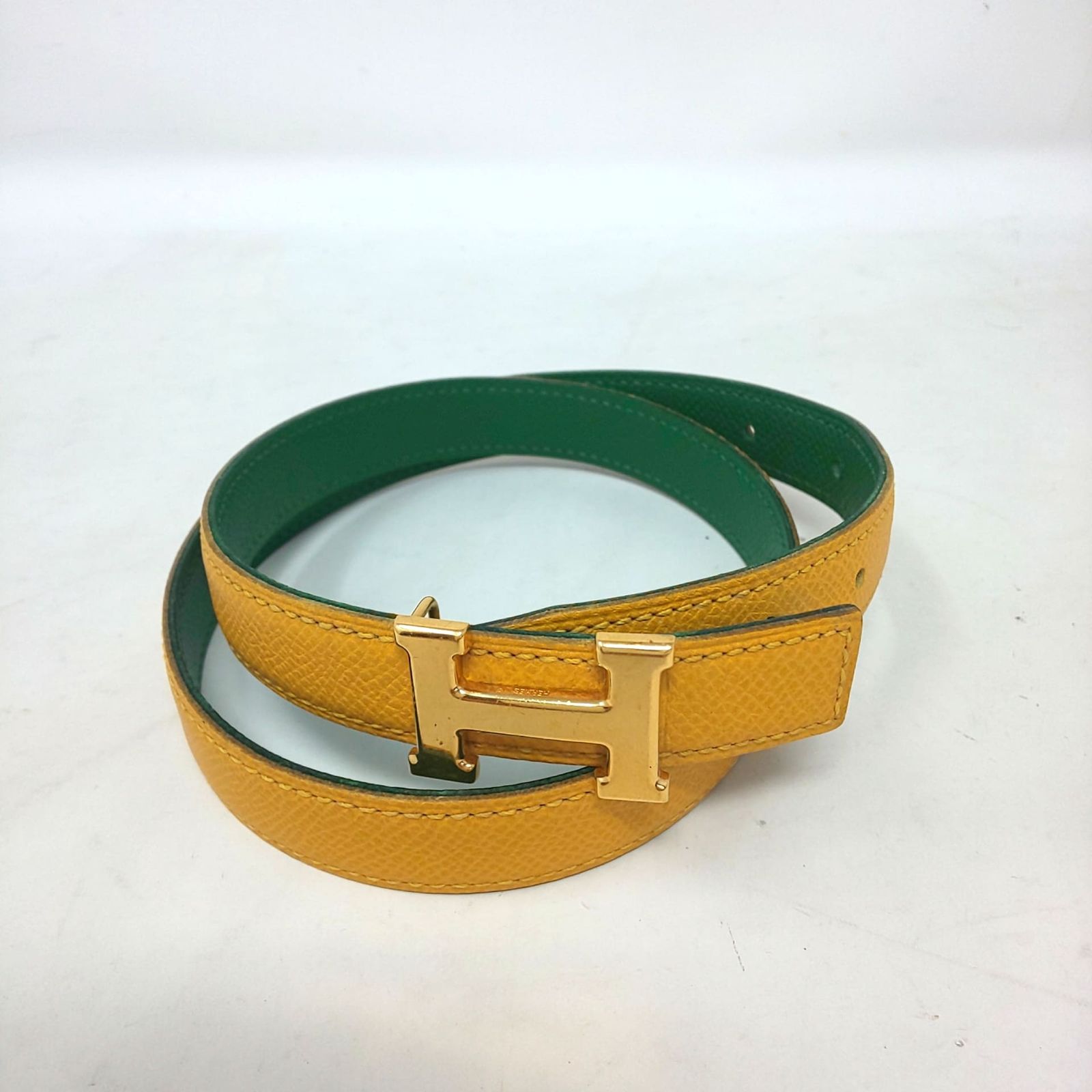 1189A-05 HERMES エルメス コンスタンス Hバックル レザー ベルト リバーシブル レディース イエロー グリーン