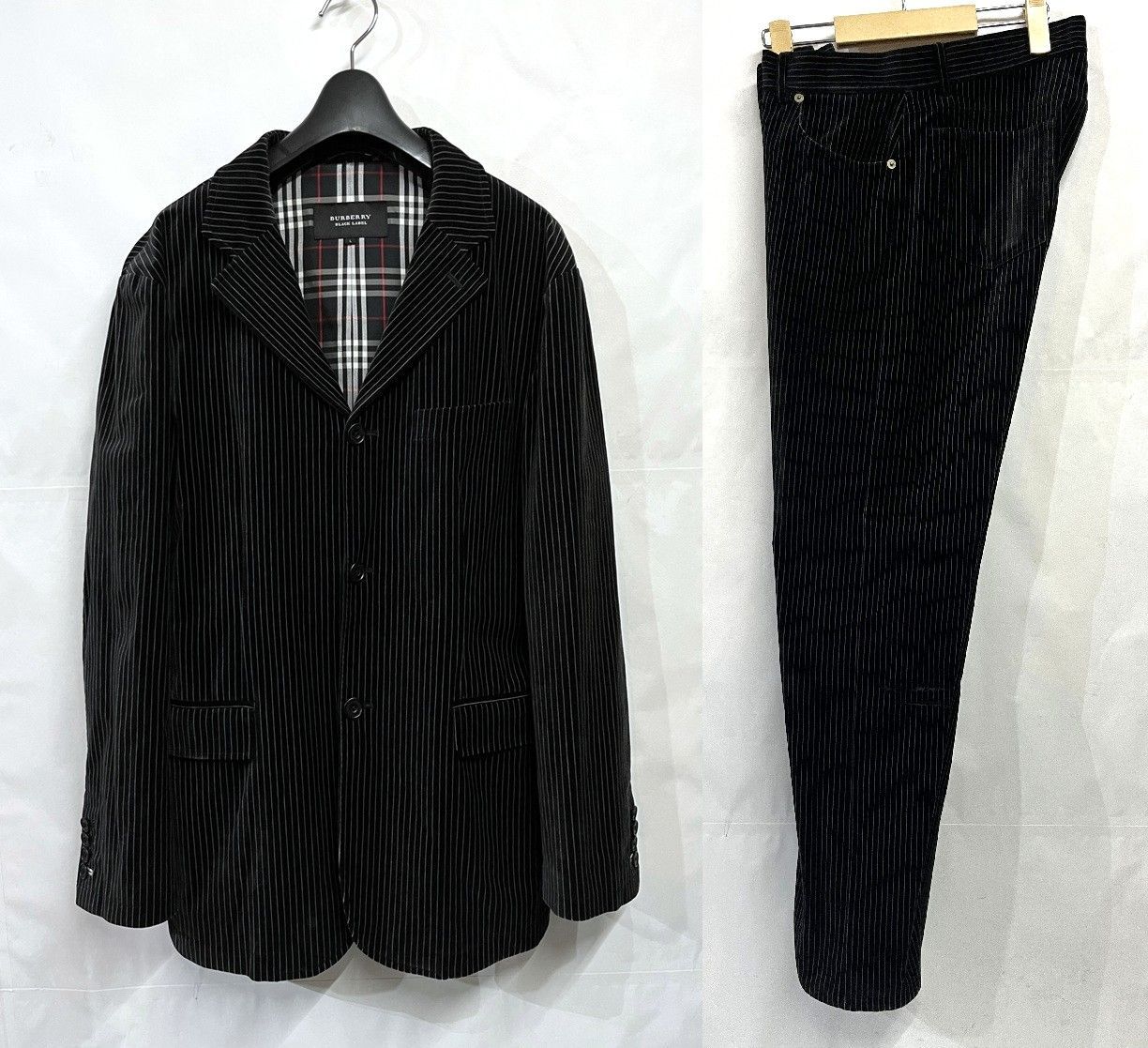 【美品】 バーバリーブラックレーベル テーラード ベロア ブラック ストライプ BURBERRY BLACK LABEL|バーバリーブラックレーベル ストライプ
