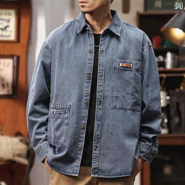 3 XL メンズ ファッション 服 男性用 オシャレ シンプル 大人 かっこいい ストリート アメリカン レトロ デニム シャツ 春 秋 スタイル ジャケット ウォッシュ