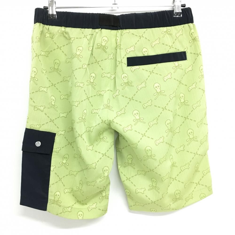 価格 マークアンドロナ ハーフパンツ ライトグリーン×ネイビー スカル総柄 織生地 メンズ 48 L ゴルフウェア モデル MARK&LONA