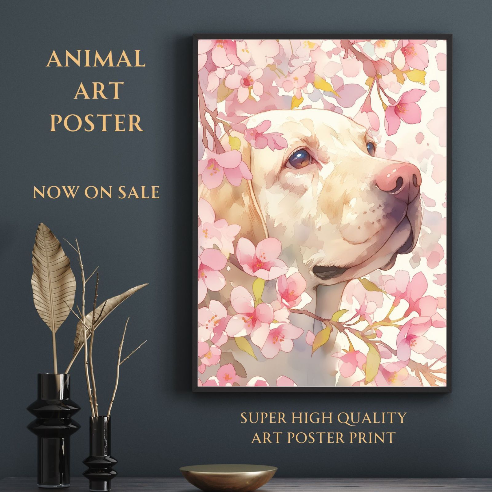 桜犬戯舞 - ラブラドールレトリバー犬 No.1 桜 花見 春 花びら 子犬 ペットロス うちの子 記念日 アートポスター 犬の絵 犬のイラスト ギフト プレゼント