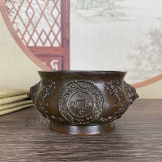 銅製 獅環耳独角鼓面薫炉 香道具 装飾品 工芸品 美術品 置物