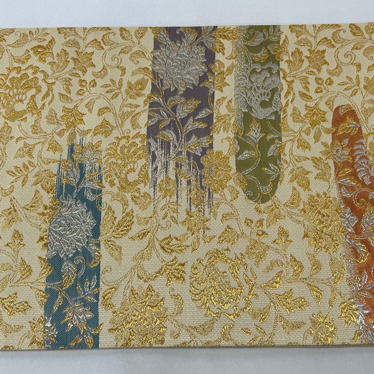 袋帯 変わり織 全通柄 黄茶 緑 薄紫 ピンク 多彩 段霞 中古 kp1724 袋帯 変わり織 全通柄 黄茶 緑 薄紫 ピンク 多彩 段霞 中古