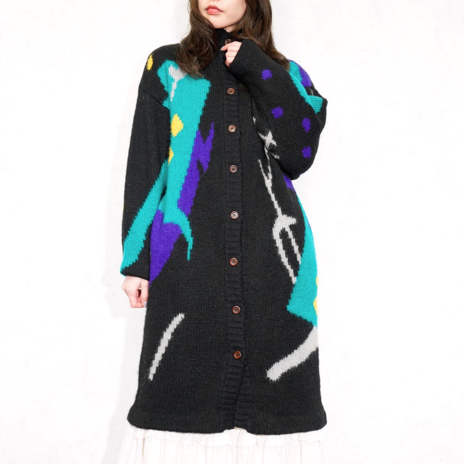 USA VINTAGE SECUE PETITES PATTERNED DESIGN MOHAIR KNIT ONE PIECE|アメリカ古着柄デザインモヘアニットワンピース ロングカーディガン コート