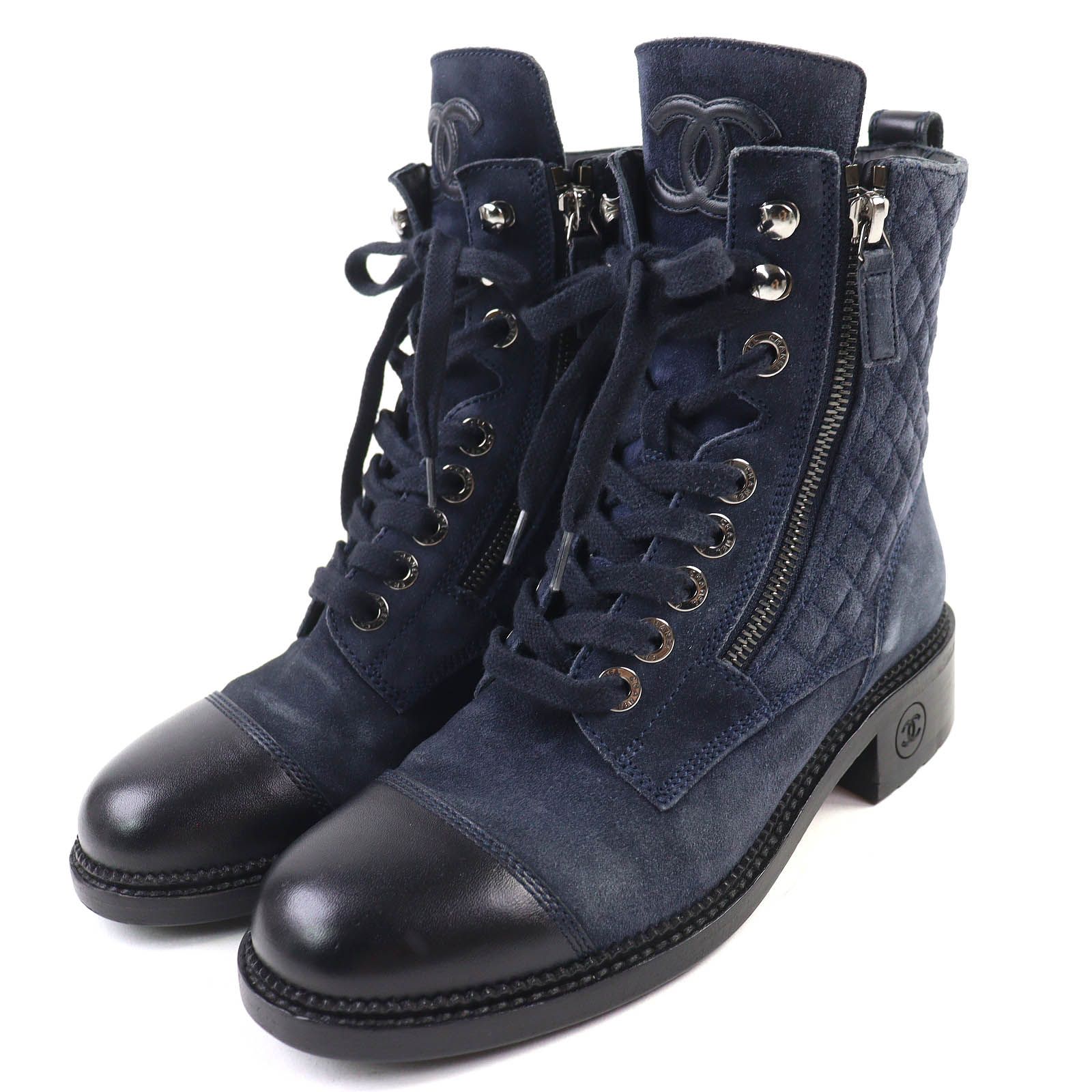 △CHANEL シャネル G33769 スウェード×レザー ココマーク マトラッセ サイドジップ レースアップ アンクルブーツ ショートブーツ ネイビー ブラック 38 イタリア製 レディース