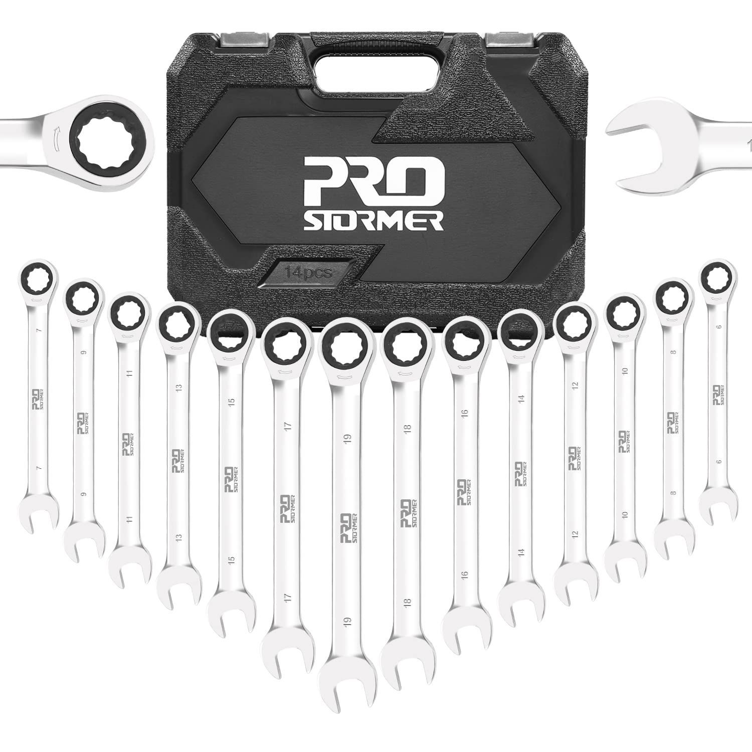 Prostormer コンビネーションレンチセット ラチェットレンチ スパナ レンチ 両用ヘッド 72ギア 6-19mm 14本組 自動車修理 車メンテナンス 組み立て DIY 収納ケース付き