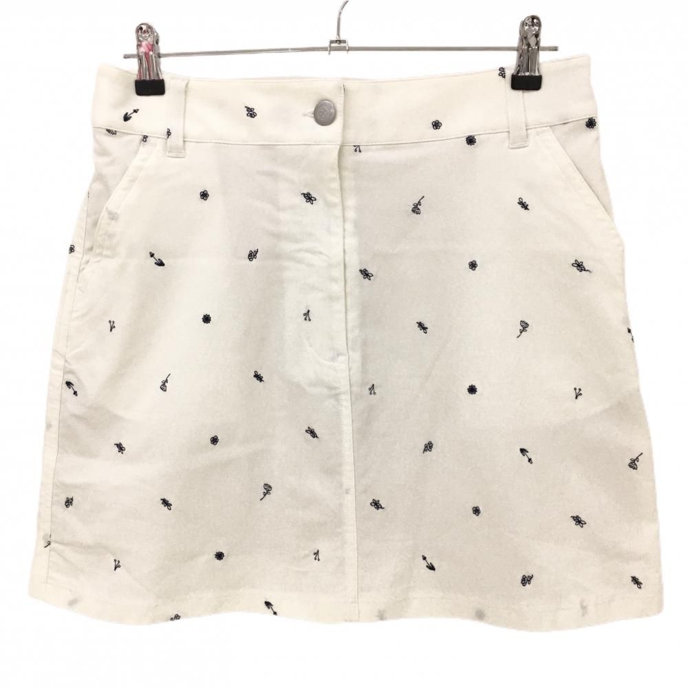 【超美品】マリクレール スカート 白×ネイビー 花刺しゅう柄 裏地付き  レディース LL ゴルフウェア marie claire