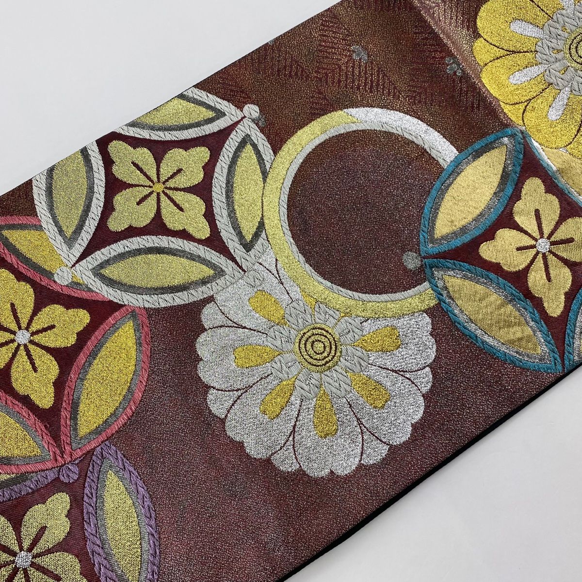 美品！！正絹☆袋帯☆刺繍 袋帯 美品 秀品 華文 鳳凰 刺繍 箔 金色 六通 正絹 【中古