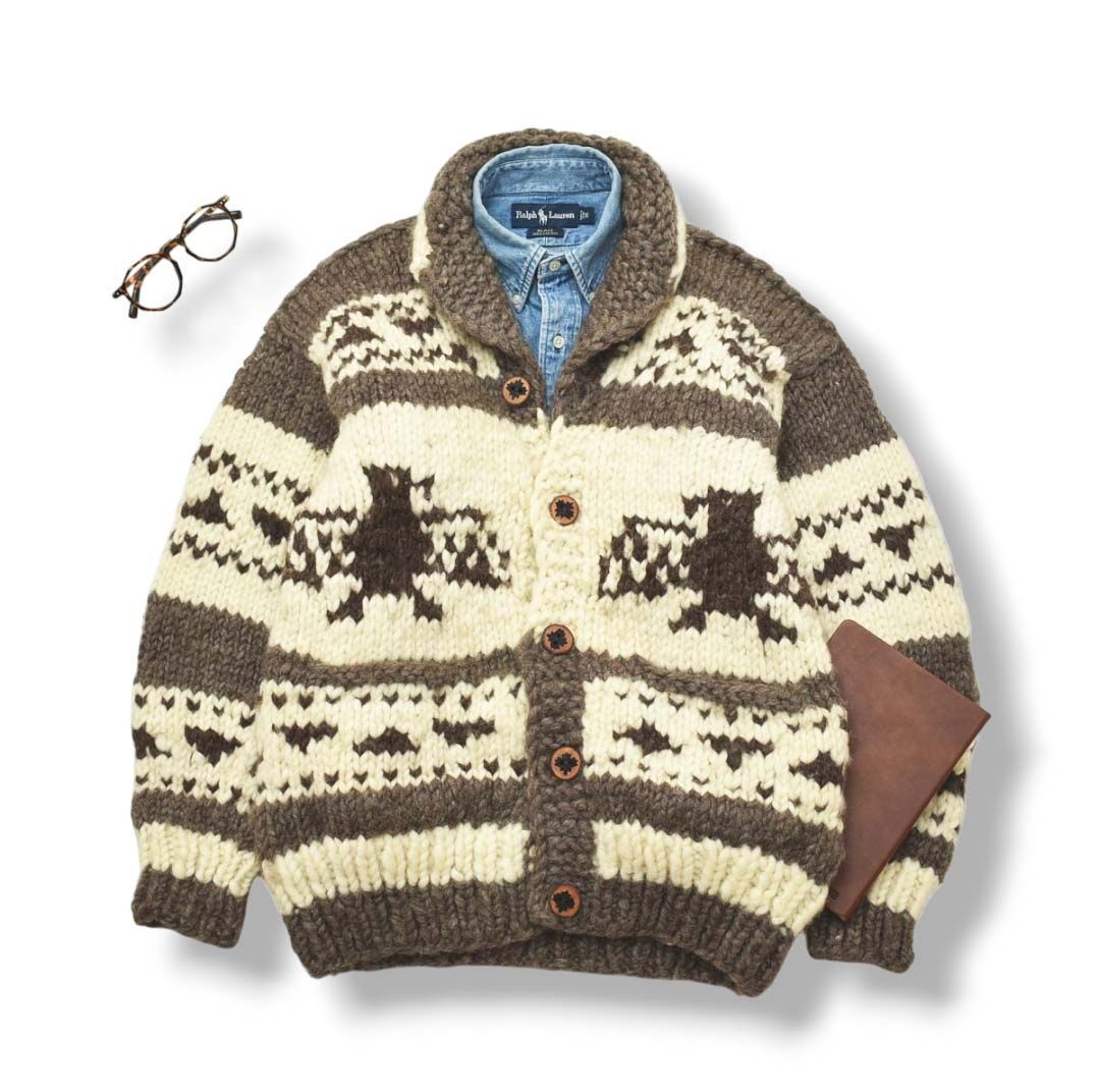 本格】 カナダ製 古着 ショールカラー カウチン ニット セーター 鷲柄