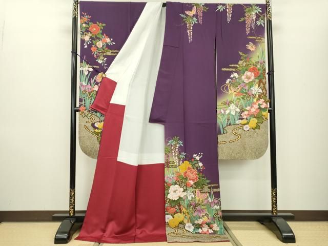 豪華振袖　駒刺繍　流水舞鳥文　暈し染め　金彩　着丈168cm　正絹　逸品 平和屋着物□豪華振袖 駒刺繍 総刺繍 吉祥花文 金彩 正絹 逸品