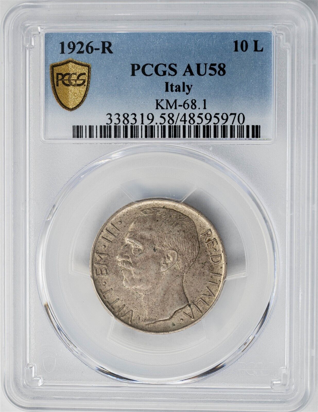 1926-R Italy 10 Lire KM-68.1 AU58 PCGS Secure 949017-5