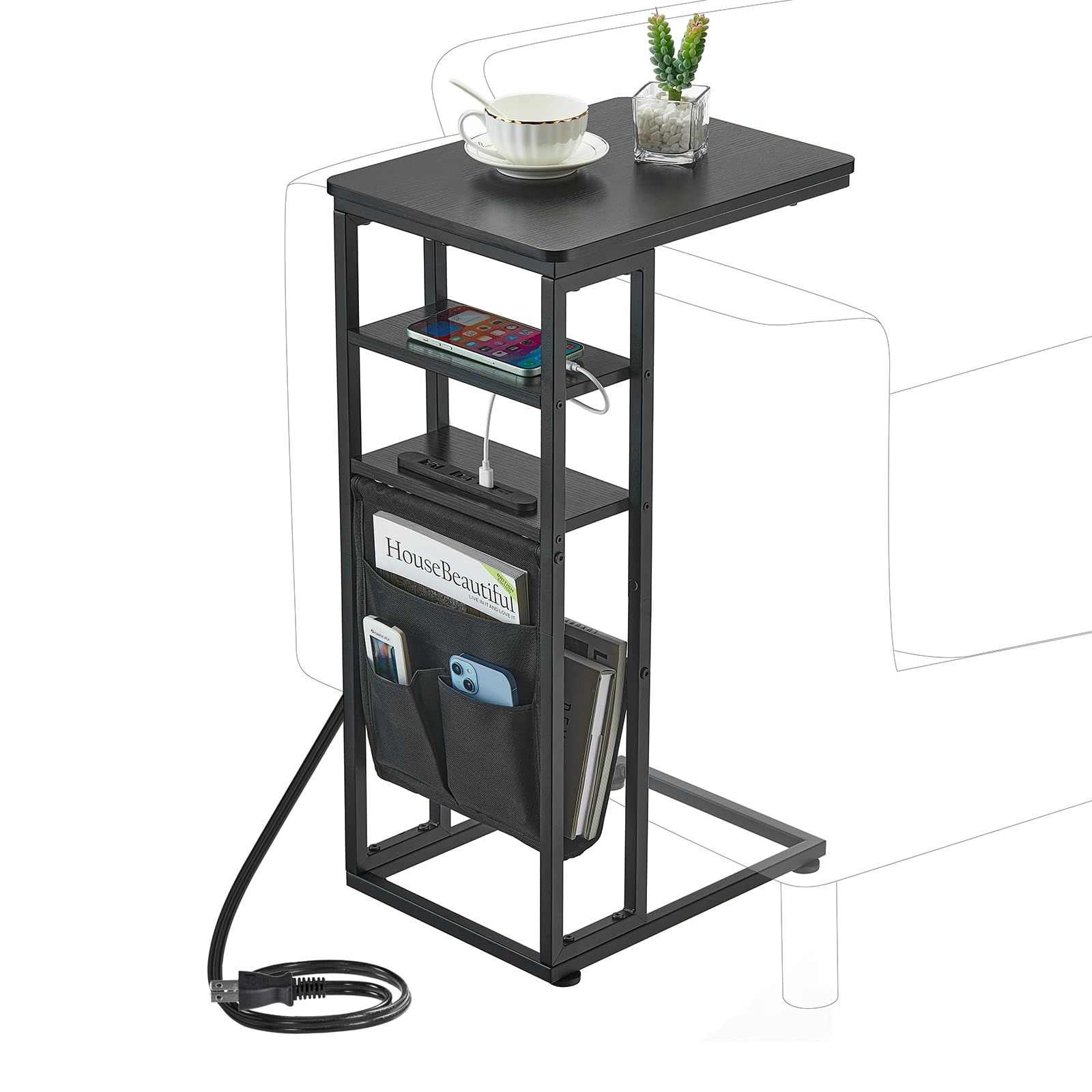 ZEXVIDA サイドテーブル コの字型ベッドテーブル USBポート-コンセント付き ソファーテーブル ナイトテーブル リビングテーブル 棚付き 引き出し 幅40×奥行30×高さ71cm