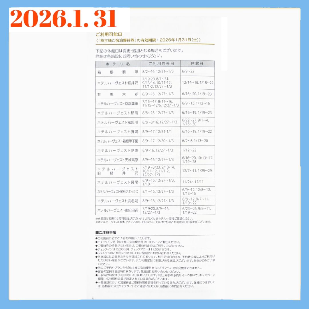 26.1.31期限】株主様ご宿泊優待券 2枚 東急ハーヴェストクラブ／ホテル
