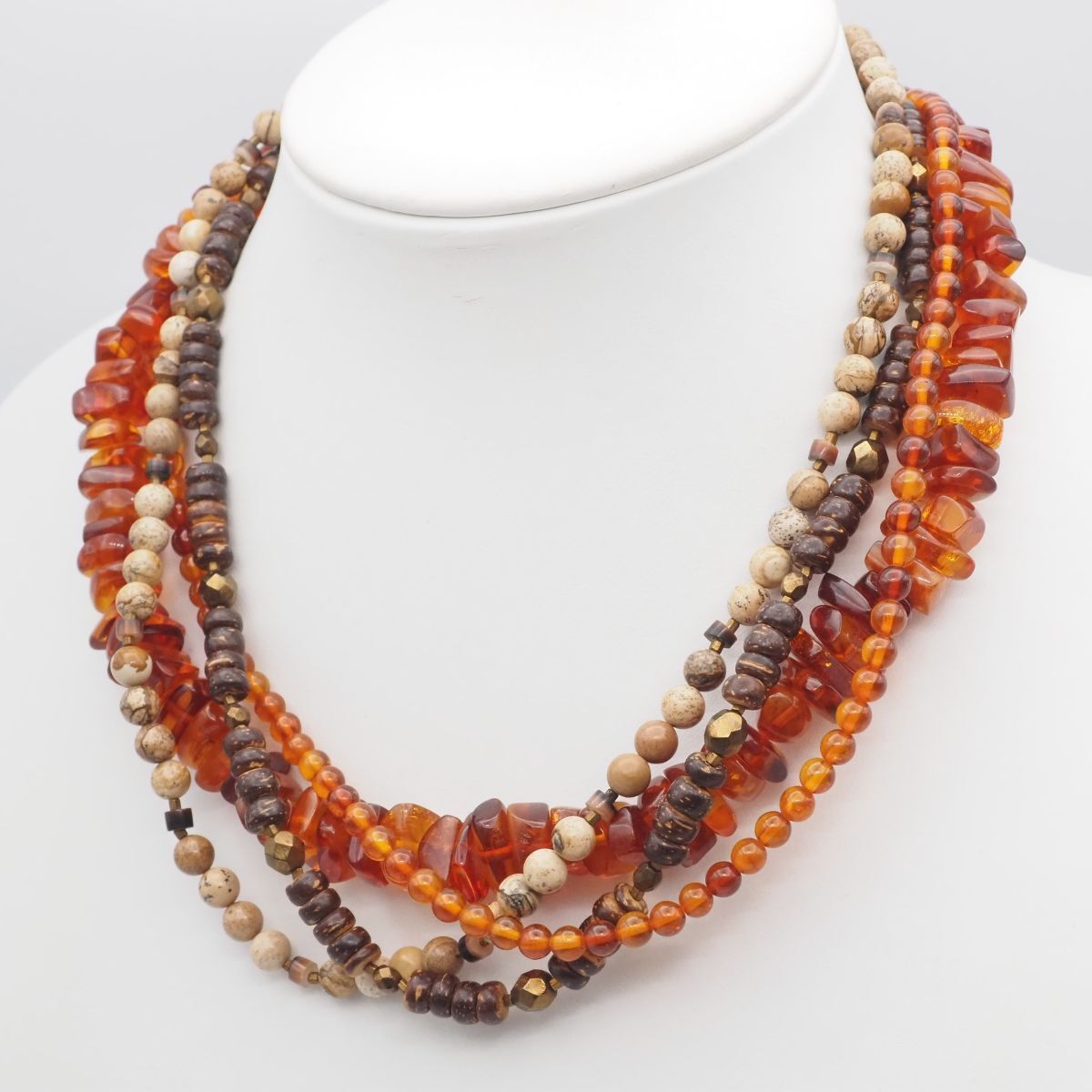 G384 琥珀 コハク アンバー 天然石 ネックレス 4連 木製 ゴールド デザイン