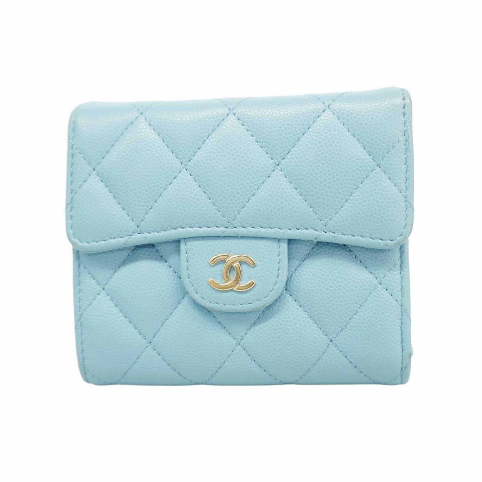 シャネル Chanel シャネル 三つ折り財布 マトラッセ キャビアスキン ブルー シャンパンレディース P1514647