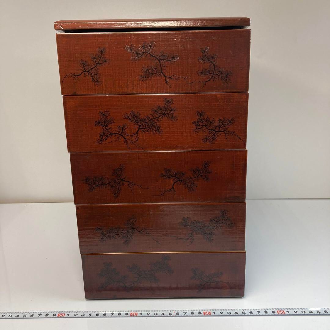 春正作 金川掛 溜若松 黒蒔絵五段重 共箱 東Y6-