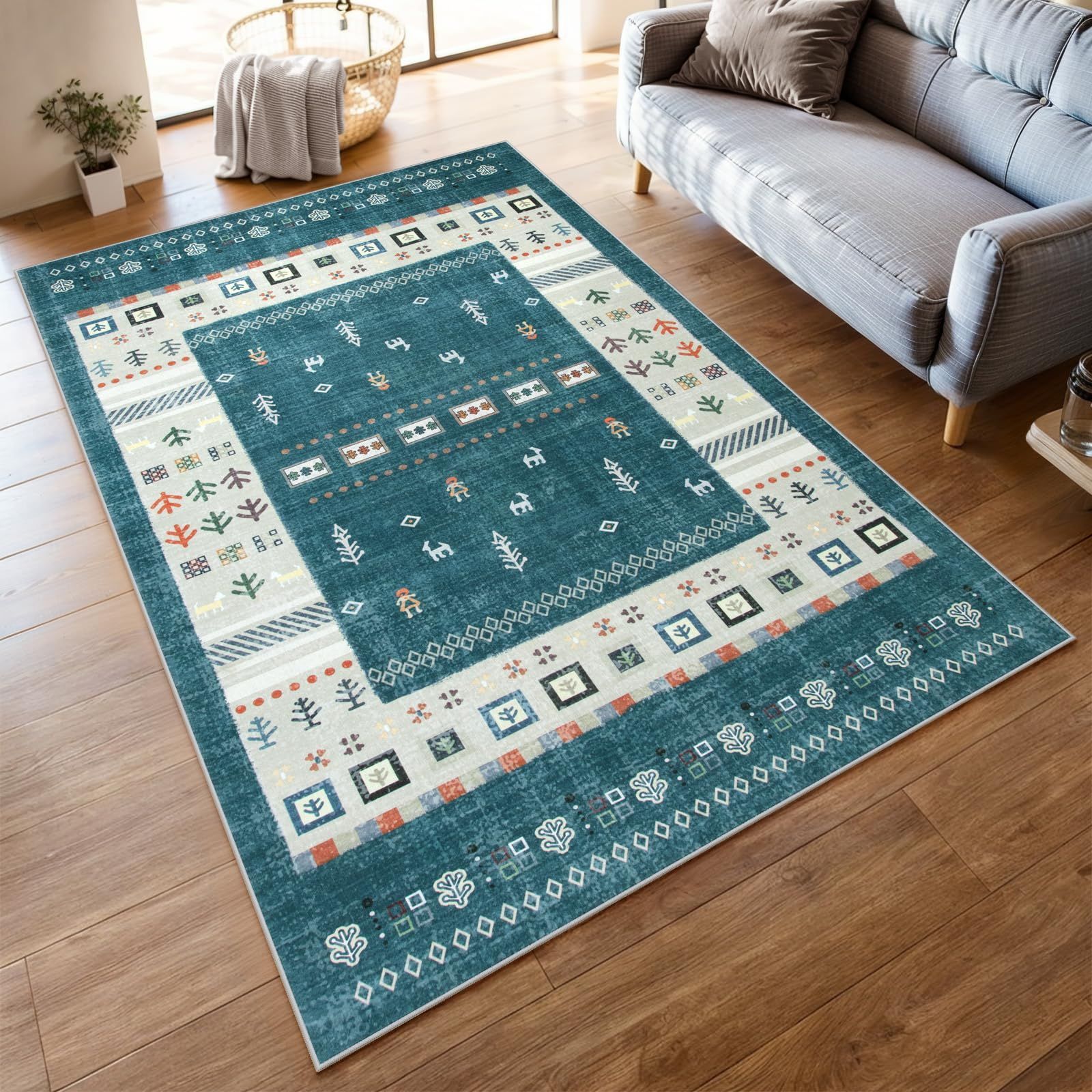 人気商品寝室 防音 リビング 床保護 シェニール 滑り止め ラグマット カーペット対応 民族 オールシーズン適用 エスニック風 抗菌防臭 140х200cm 耐磨耗性 ラグ 1.5畳 薄手 洗える ギャベ柄 カーペット ピーコックブルー HAOCOO