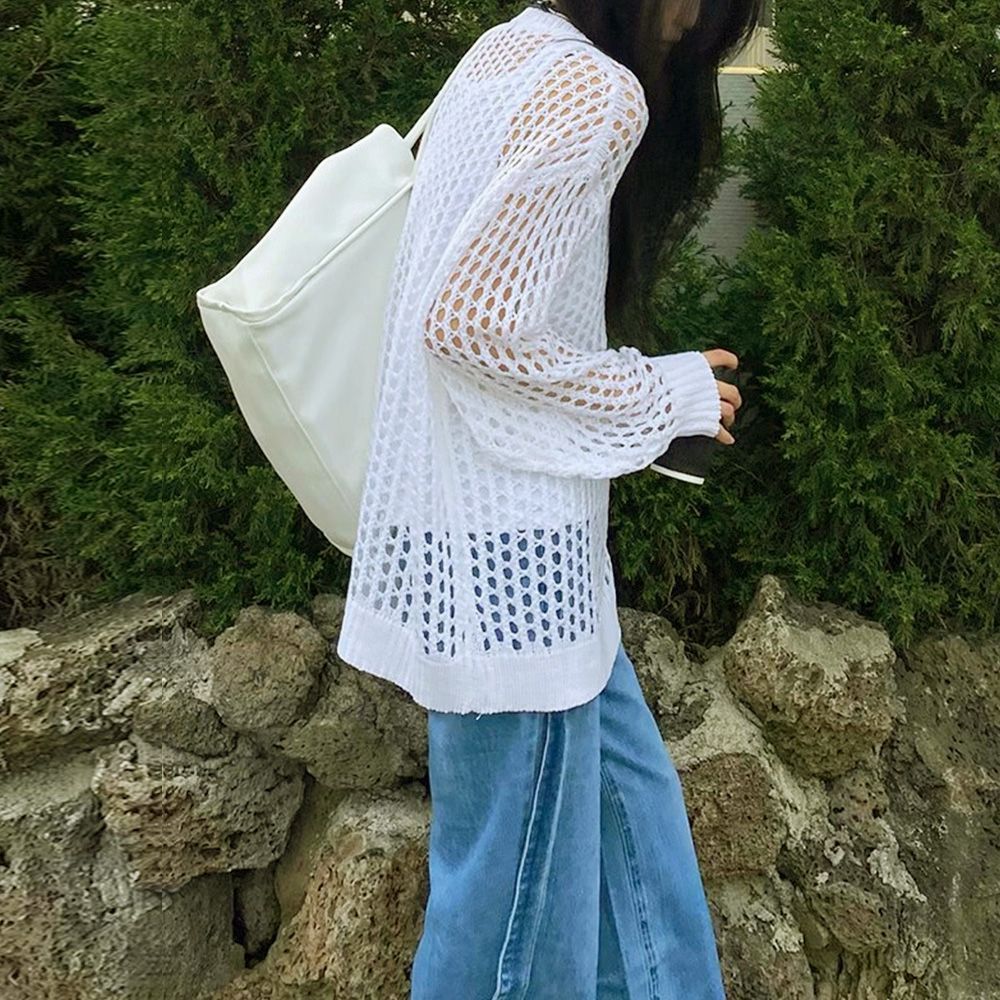 新品未使用　ダークグレー 長袖 メッシュ トップス メッシュ ニット レディース 韓国 長袖 トップス 春夏秋 透かし