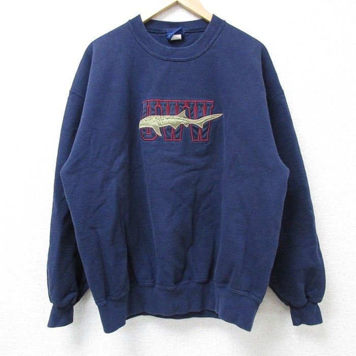 XL/古着 長袖 スウェット メンズ 90s サメ UWW 刺繍 クルーネック 紺 ネイビー 24sep07 中古 スエット トレーナー トップス