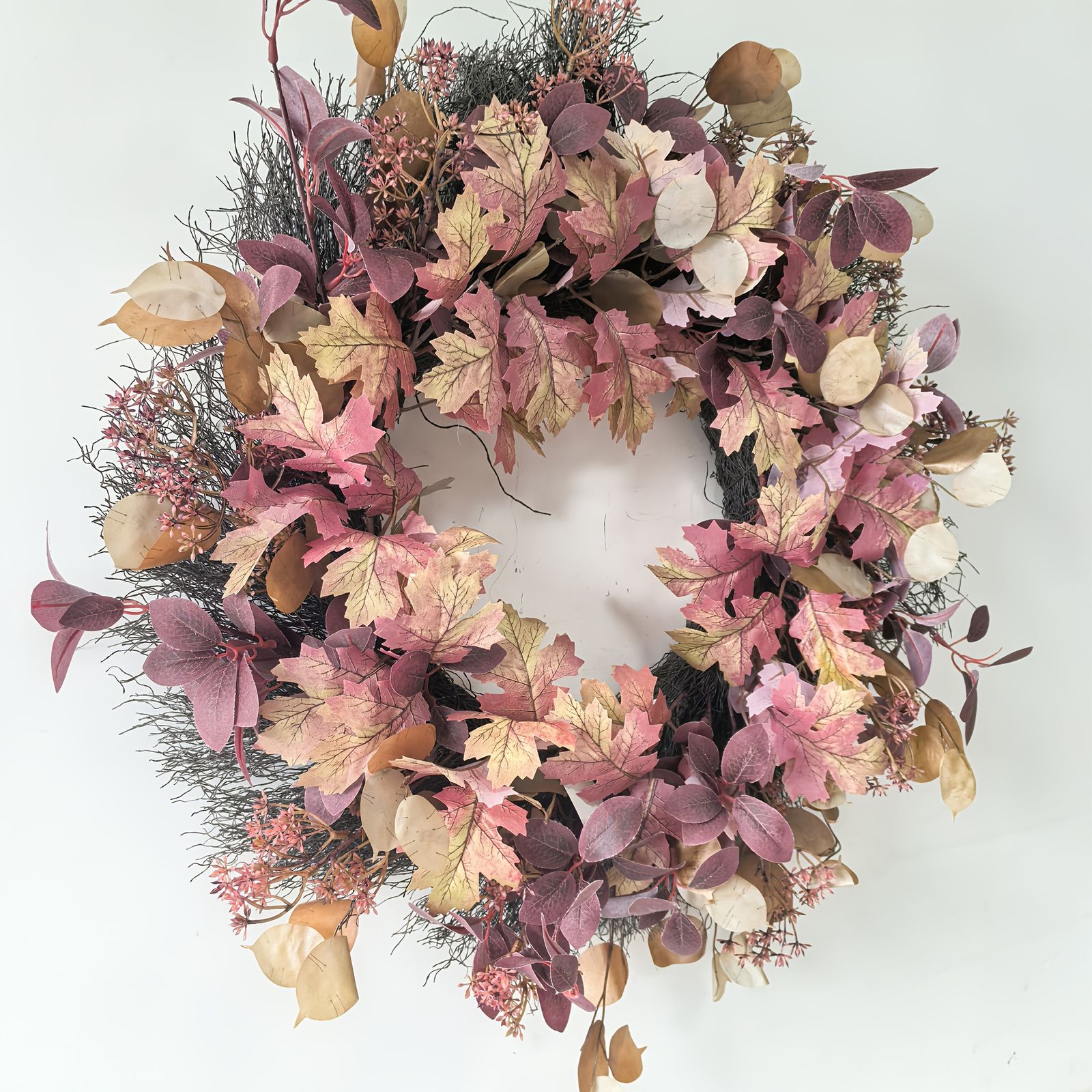 全天候対応 大型 24インチ リアルな赤い紅葉リース - 感謝祭 ハロウィン クリスマスに最適 農家風玄関 マントルピース飾り メンテナンス不要 耐久性抜群の秋の装飾