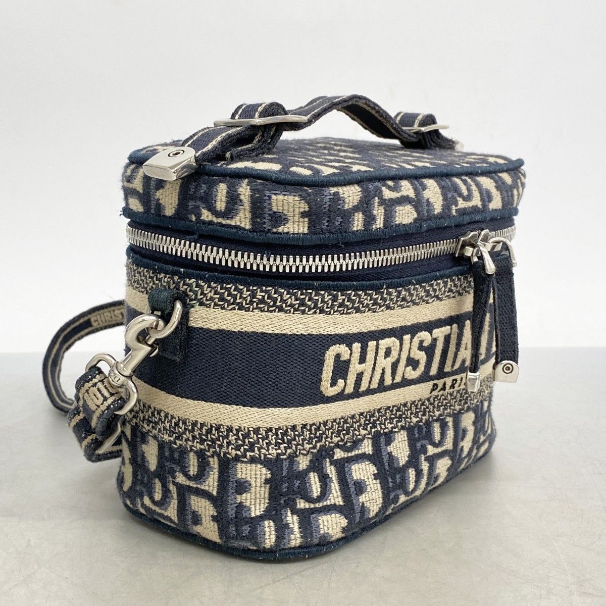 5ic2794 クリスチャンディオール バニティバッグ オブリーク キャンバス ネイビー シルバー金具 レディース