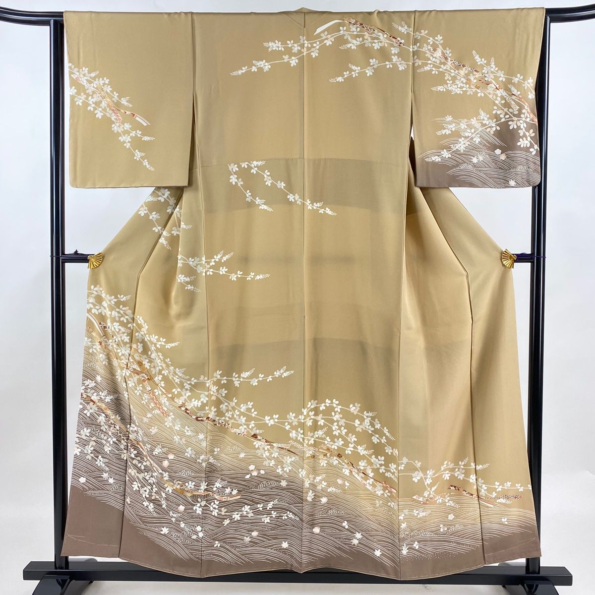訪問着 身丈156.5cm 裄丈65cm M 袷 萩 鬘帯 金糸 金彩 薄茶色 正絹 名品