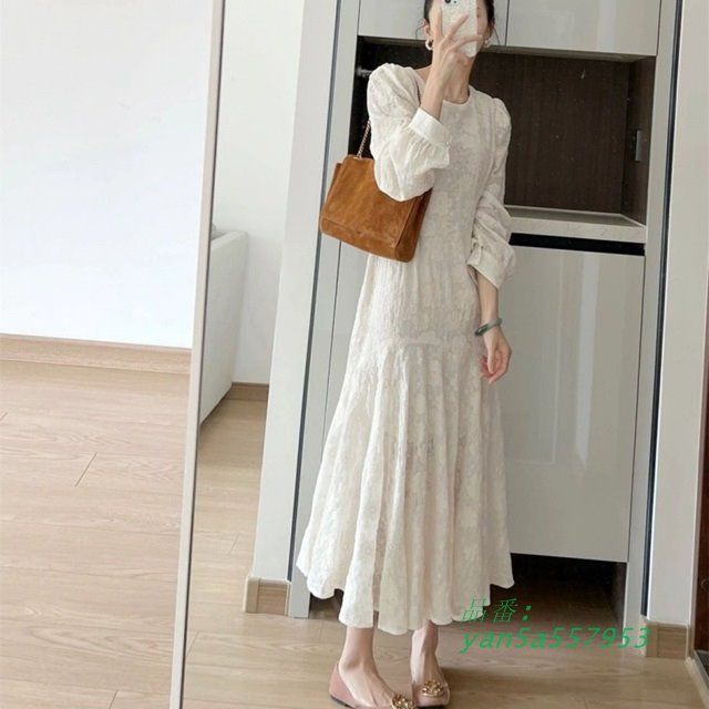 ティアードワンピース 大きいサイズ ワンピース 長袖 きれいめ レディース ロング 白 春 秋 ファッション 花柄 ラウンドネック 韓国 ワンピース yan5a557953