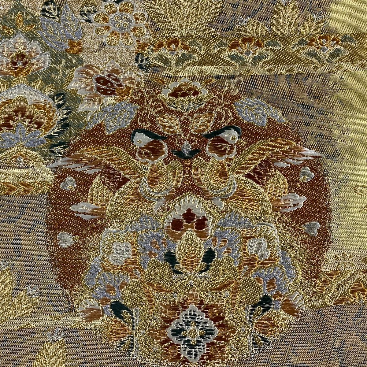 袋帯 美品 秀品 丸文 花鳥 刺繍 金銀糸 金色 六通 正絹 【中古