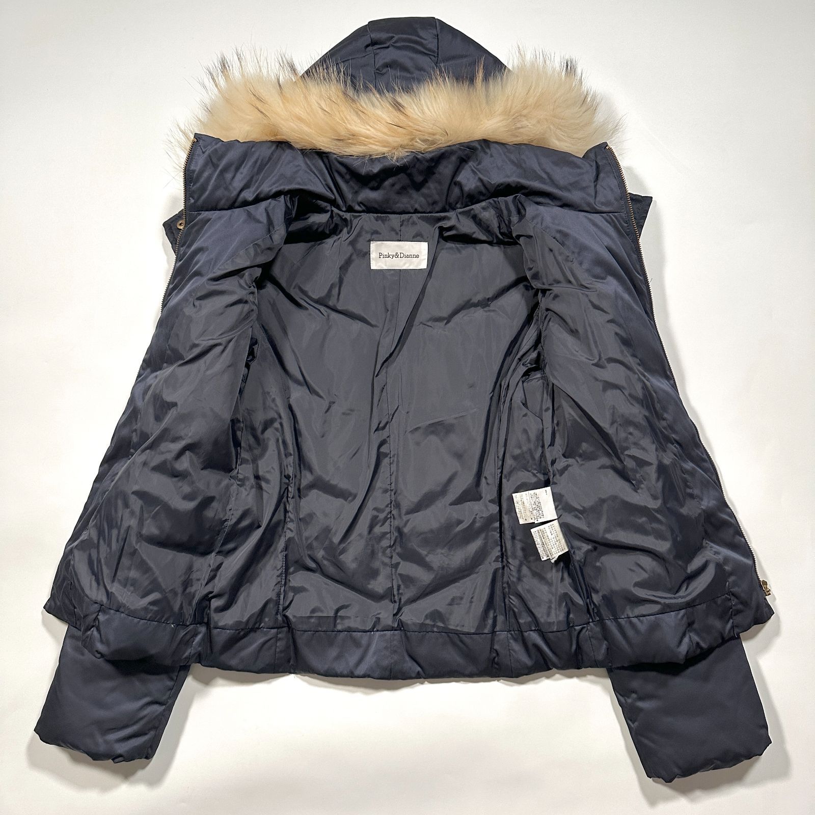Pinky-dianne ピンキーアンドダイアン ダウンジャケット ショート丈 フード ファー ネイビー 38 Mサイズ