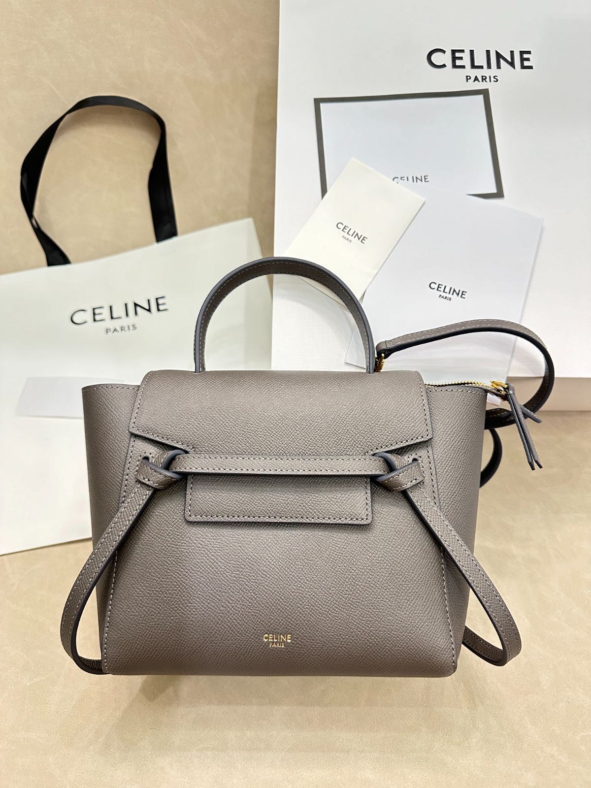 CELINE ベルトバッグ ミニ グレージュ ショルダー ハンド 2WAYバッグ