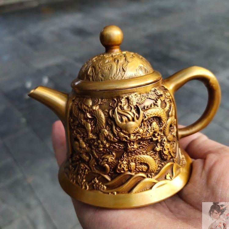 銅細工 浮彫り竜茶壺 酒壺 茶道 工芸品 置物 装飾品 美術品