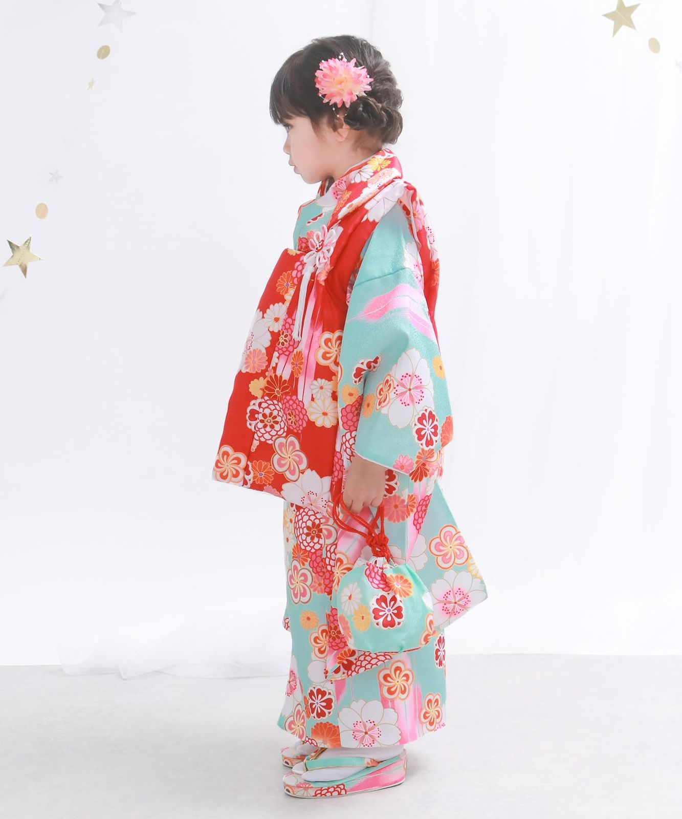KYOETSU キョウエツ 着物セット 七五三用 3歳用 被布セット 華やかA 9点セット 柄被布 柄着物 伊達衿 長襦袢 髪飾り 巾着 草履 腰紐 足袋 ガールズ 4.蒼の夢咲き