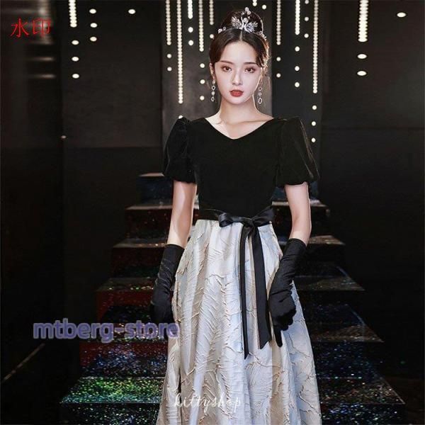 イブニングドレス 黒 ベロア ベルベット 発表会ドレス ロングドレス ブラック 結婚式ドレス 二次会ドレス お呼ばれドレス キャミドレス Vネック ドッキング イブニングドレス ロングドレス 黒 ベロア ベルベット チュール 発表会