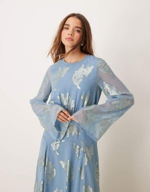エイソス レディース ワンピース トップス ASOS DESIGN metallic long sleeve midi dress with frill cuffs in blue