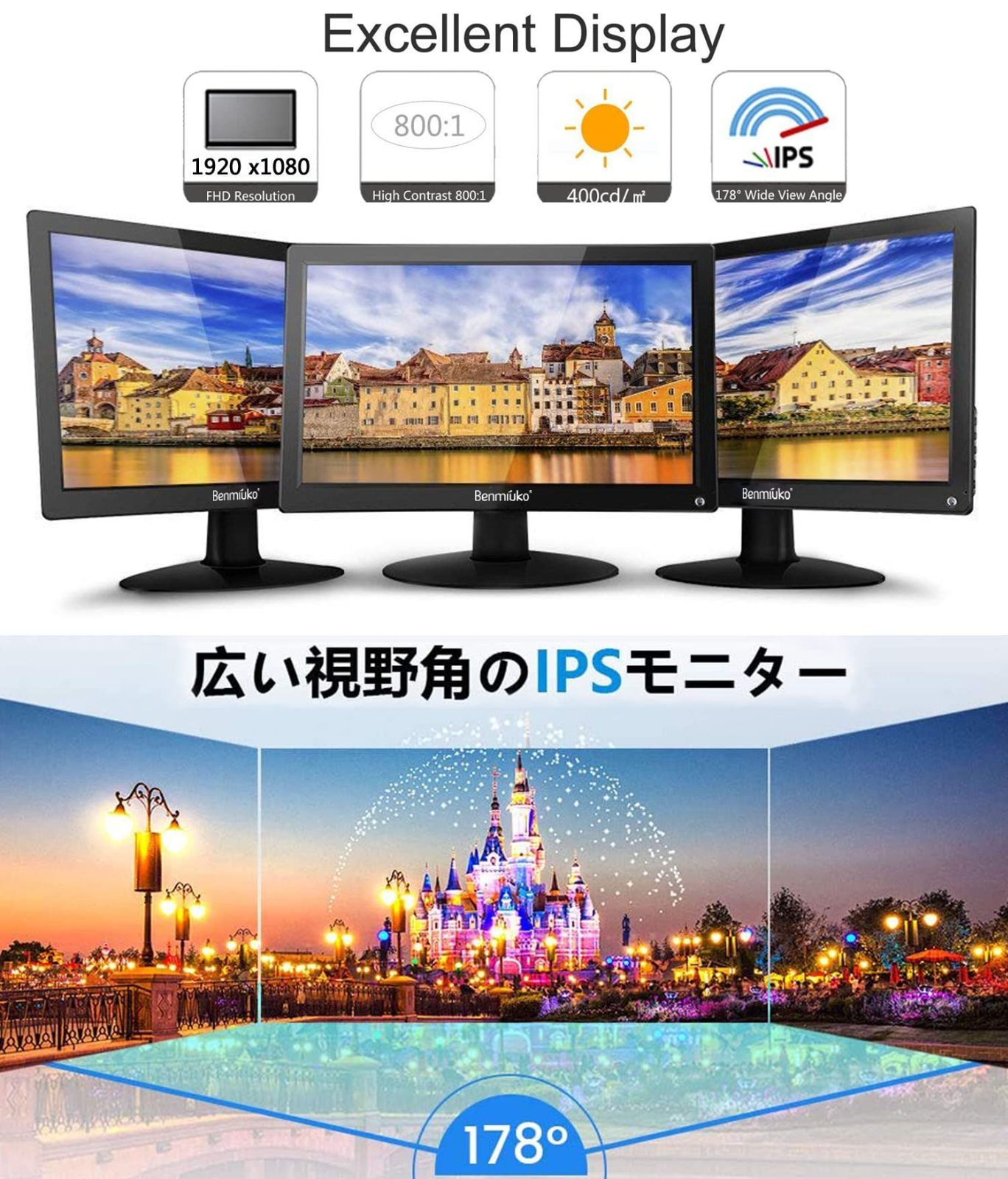 新着商品】日本語表示付き 1920x1080フルHD スピーカー内蔵 USB入力 VG