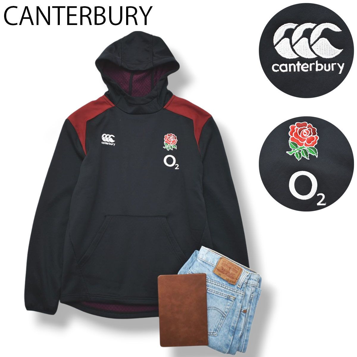 カンタベリー CANTERBURY イングランド代表 O2 イングランド代表 O2 刺繍ロゴ サーモレグ パフォーマンス パーカー M ブラック メンズ ラグビー トレーニング スポーツ