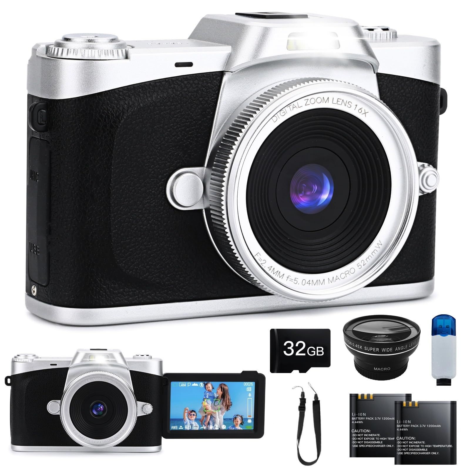 180度回転可能ディスプレイ 6800万画素 広角レンズ付属 32GBマイクロSD