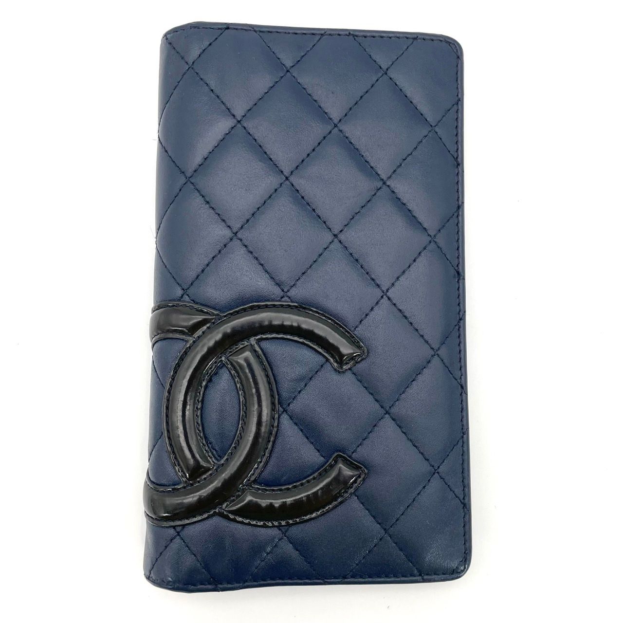 シャネル CHANEL カンボンライン 長財布 ラムスキン ネイビー レザー 財布 ロゴ 7-5-541