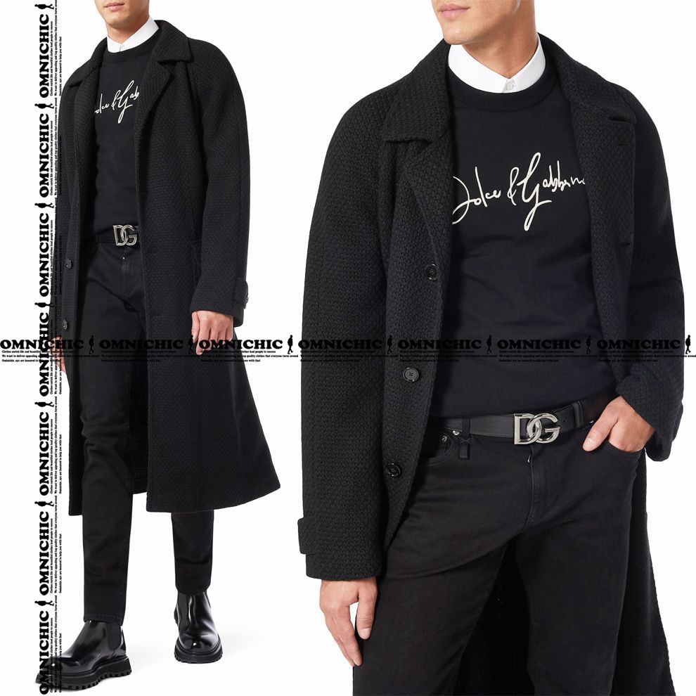 贅沢に織り上げた DOLCE-GABBANA 上 ブラック の 感 ベルテッド バル ニット ロング コート 50 ドルチェ＆ガッバーナ DG