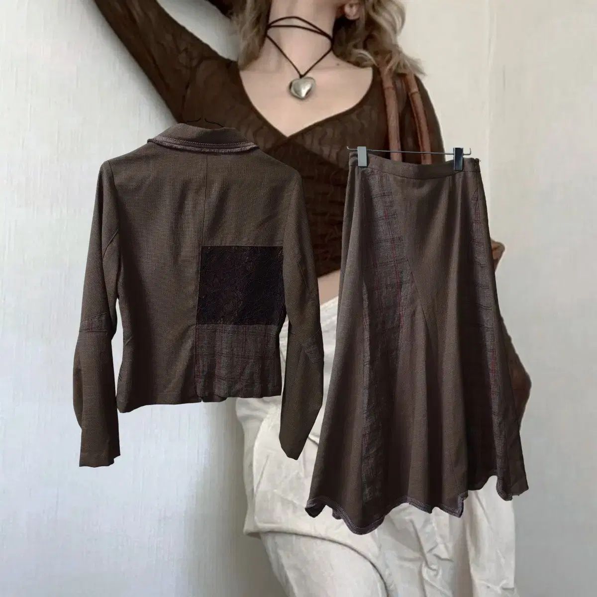 Vintage Check lace brown set up