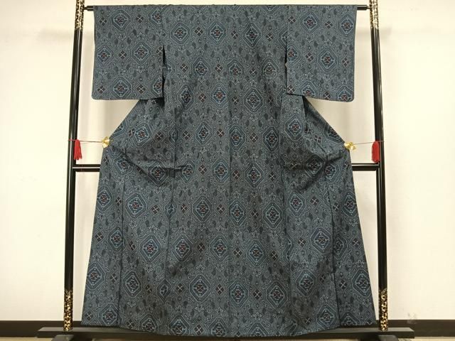 平和屋着物▽上質な紬　単衣　幾何学花文　正絹　逸品　AAAW7621fy 平和屋着物▽上質な紬 単衣 幾何学花文 正絹 逸品 AAAW7621fy