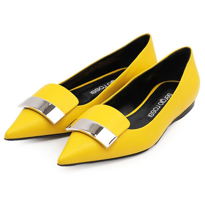 sergio rossi セルジオ ロッシ フラットパンプス SR1 レザー ロゴ メタルプレート ポインテッドトゥ バレリーナ シューズ 箱|袋付属 レディース サイズ 38 ミモザイエロー 黄 イタリア製