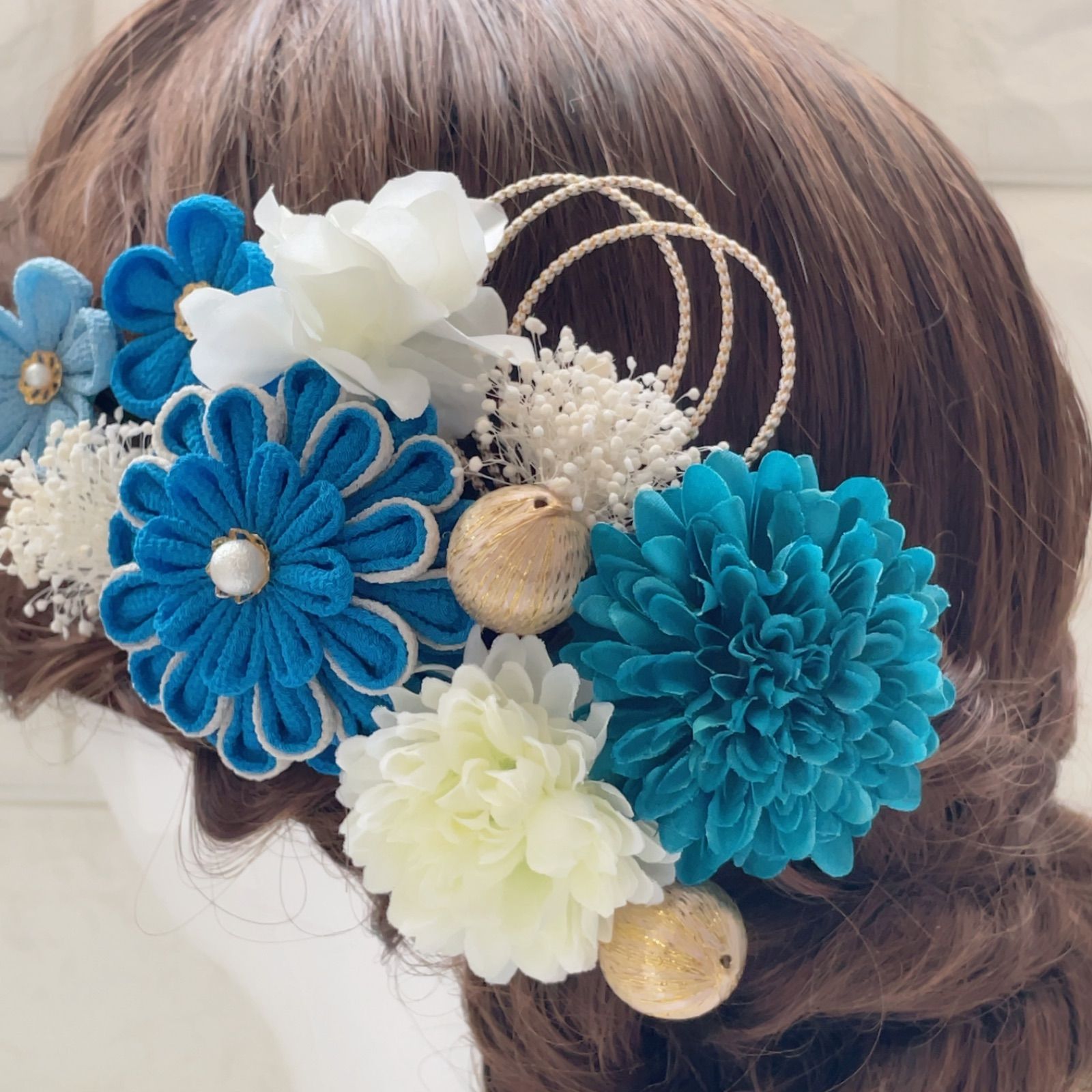 つゆくさ(ターコイズブルー)かすみ草 つまみ細工 髪飾り 成人式