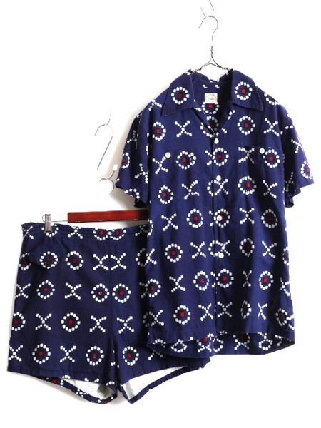 【お得なクーポン配布中!】 40s 50s 日本製 セットアップ 和柄 半袖シャツ ショーツ M 1点物 紺