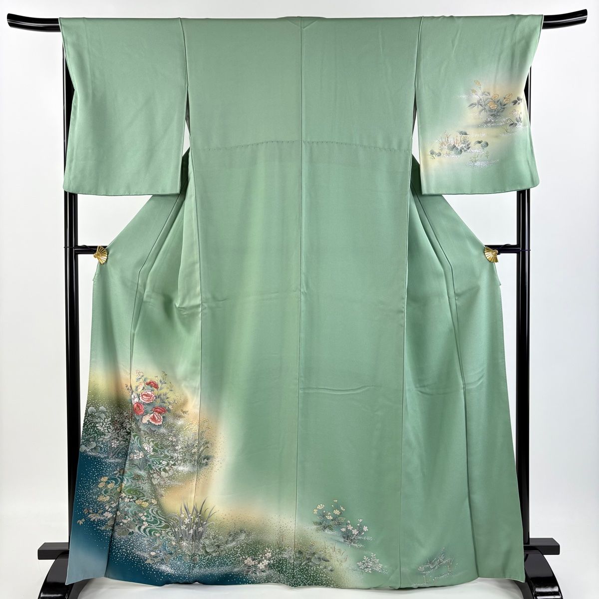 訪問着 身丈166cm 裄丈68cm L 袷 牡丹 流水 刺繍 銀彩 薄緑 正絹
