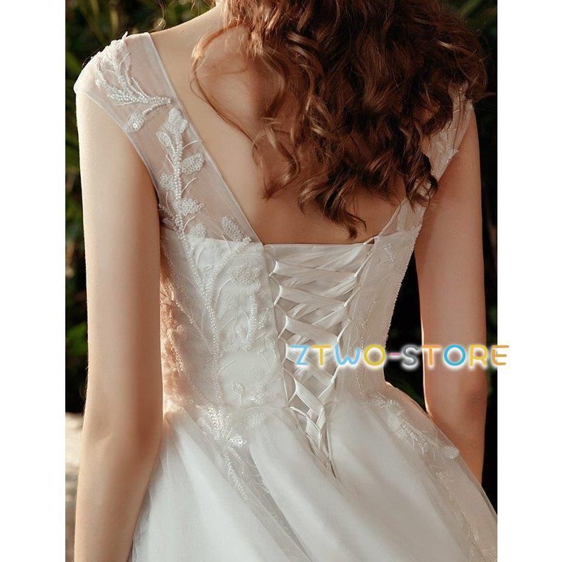 ウエディングドレス 白 結婚式 二次会 花嫁 ドレス ロングドレス トレーン 刺繍 チュール ハイウエスト エンパイアライン Aライン 大きいサ FFCRYSTALESIA_COM