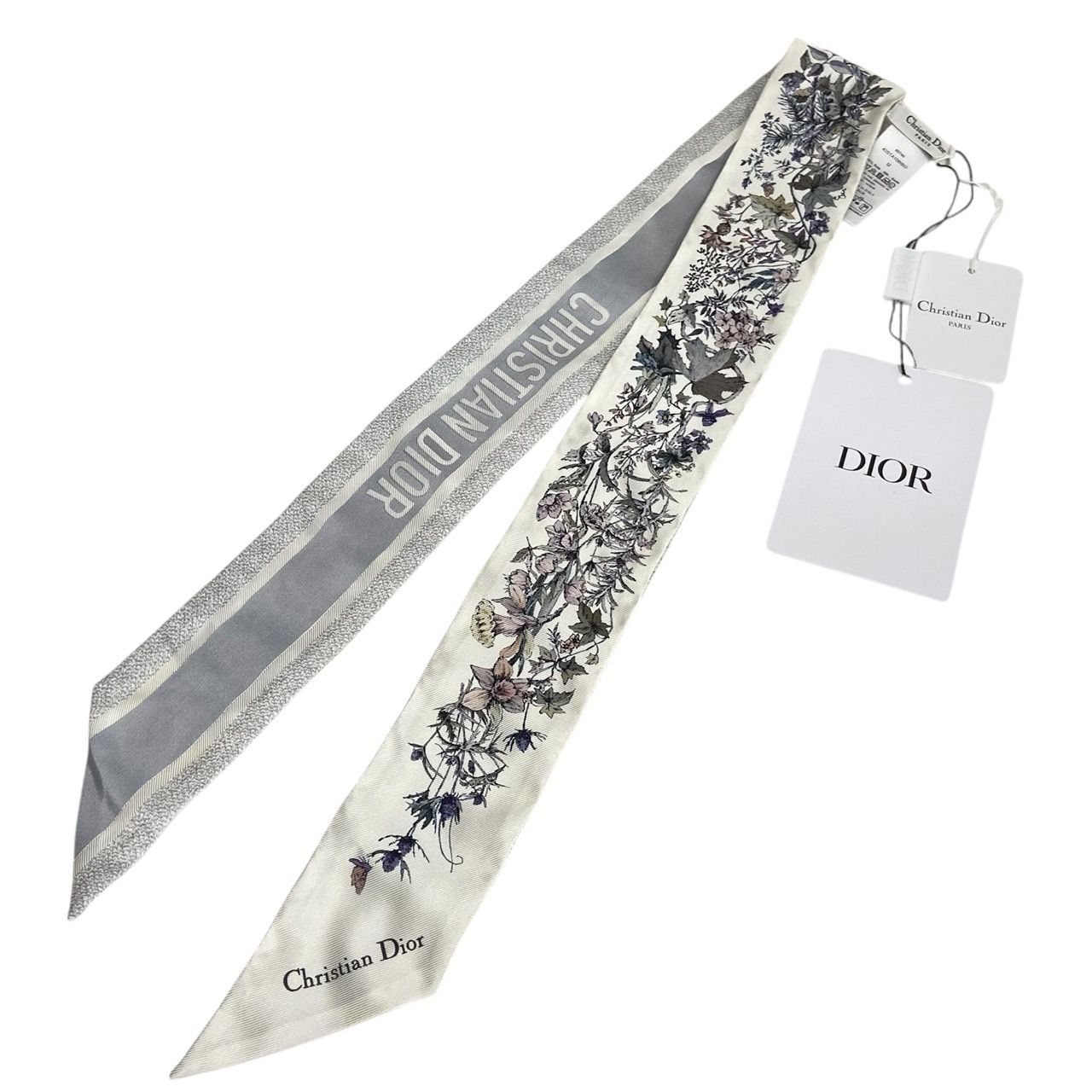 Christian Dior クリスチャンディオール スカーフ ミッツァ 花柄 ホワイト グレー シルク ロゴ