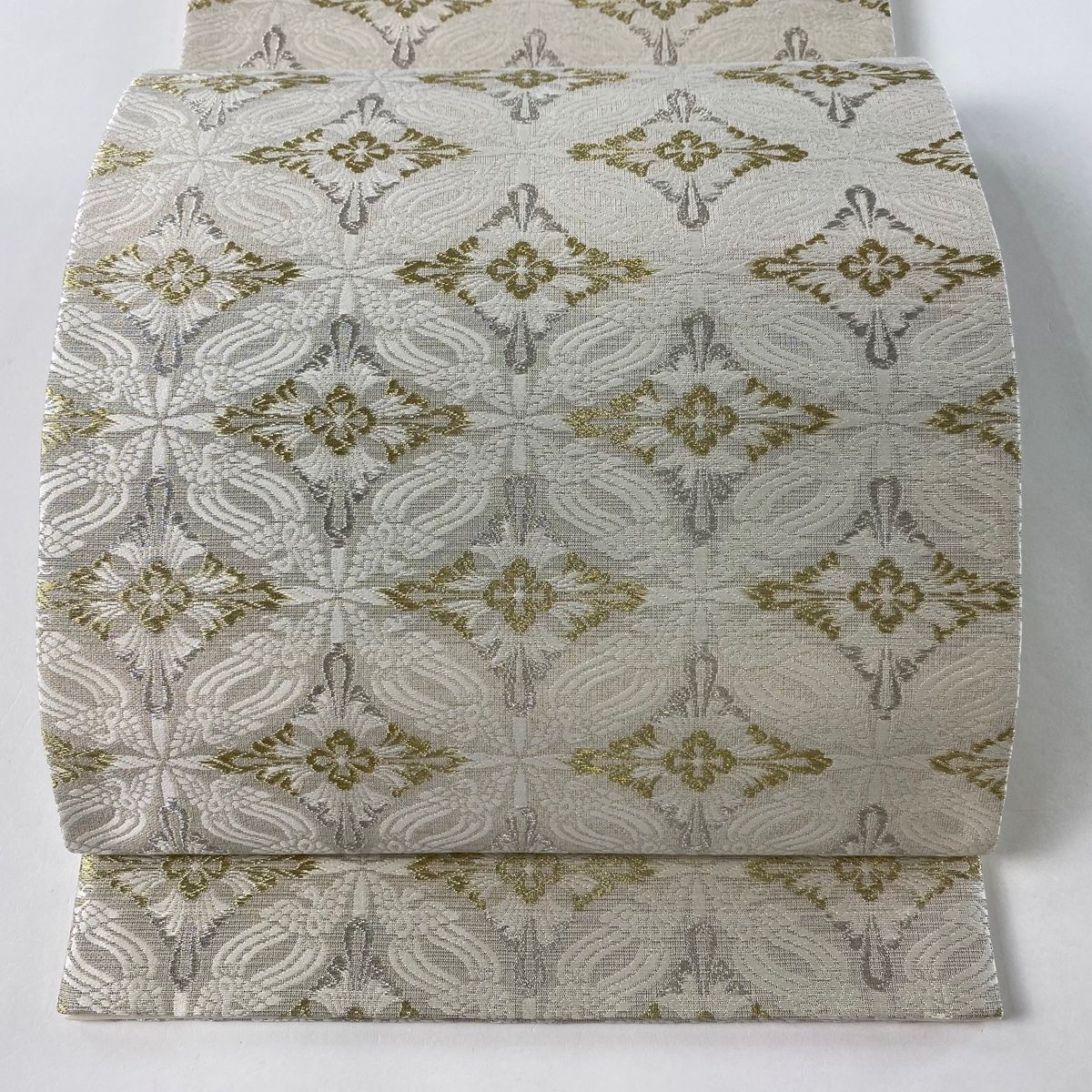 袋帯 美品 秀品 七宝華文 鳥 金銀糸 唐織 灰緑 六通 正絹 中古