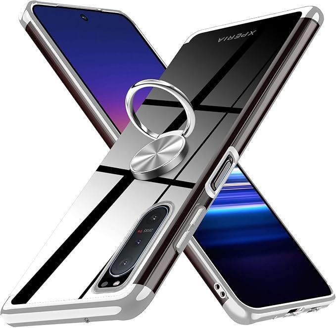 Xperia 5 II ケース リング クリア 耐衝撃 SO-52A SOG02 カバー 透明 TPU 軽量 薄型 ストラップホール付き 黄変防止 360回転 車載ホルダー 銀 2-XP5 Ⅱ-04