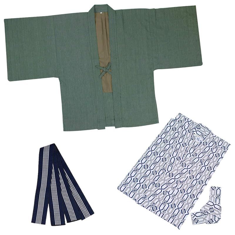 2025新作 10％off。 在庫 KYOETSU キョウエツ 旅館浴衣セット 4点セット 羽織 旅館浴衣 帯 共紐 メンズ 浴衣-125 羽織-緑 0